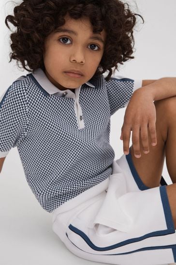Reiss Blue Brunswick Junior Geometric Design Knitted Polo Shirt