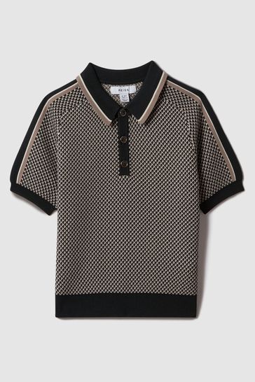 Reiss Hunting Green Brunswick Teen Geometric Design Knitted Polo Shirt