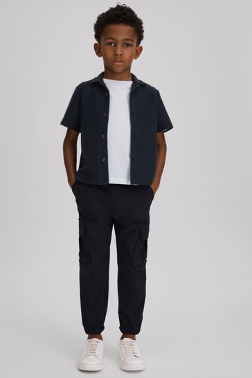 Reiss Navy Gerrard Junior Textured Cotton Cuban Collar Shirt