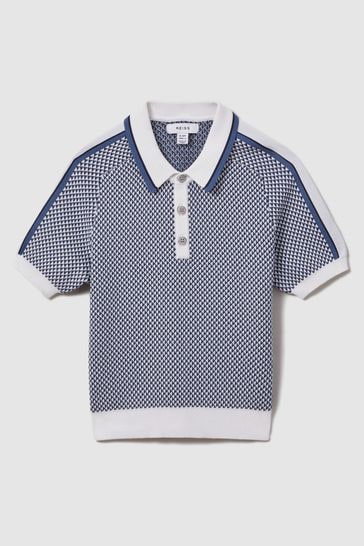 Reiss Blue Brunswick Teen Geometric Design Knitted Polo Shirt