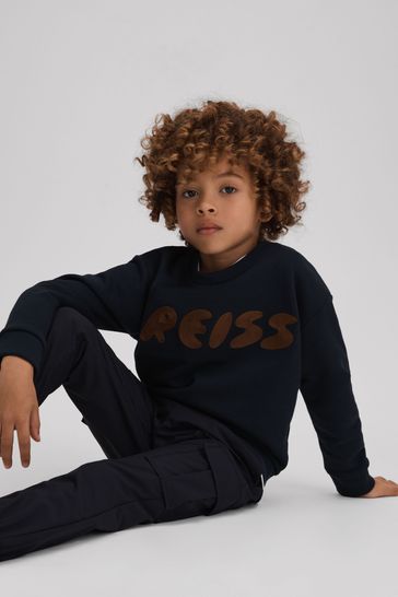 Reiss Navy Bryant Junior Cotton Motif Crew Neck Sweatshirt