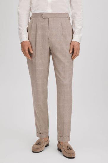 Reiss Oatmeal Collect Slim Fit Check Adjuster Trousers with Turn-Ups