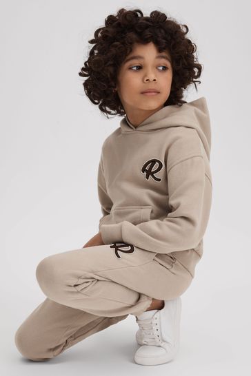 Reiss Taupe Cade Cotton Motif Hoodie