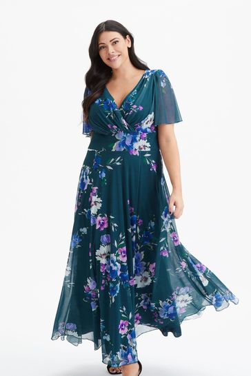 Scarlett & Jo Teal Blue Floral Isabelle Angel Sleeve Maxi Dress