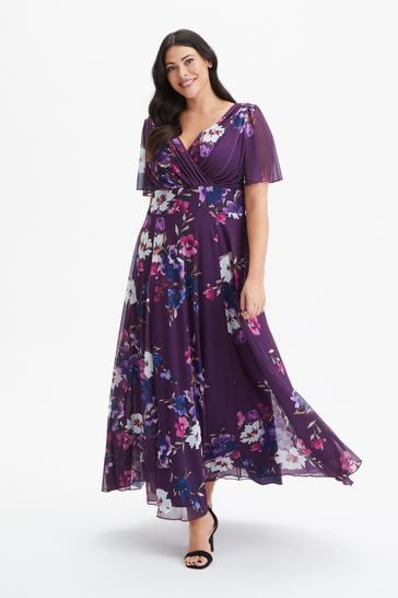 Scarlett & Jo Purple Navy Floral Isabelle Angel Sleeve Maxi Dress