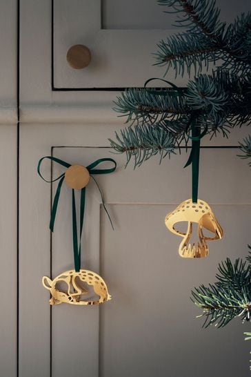 Conjunto de adornos navideños cervatillo y seta chapados en oro de 18 quilates de Georg Jensen