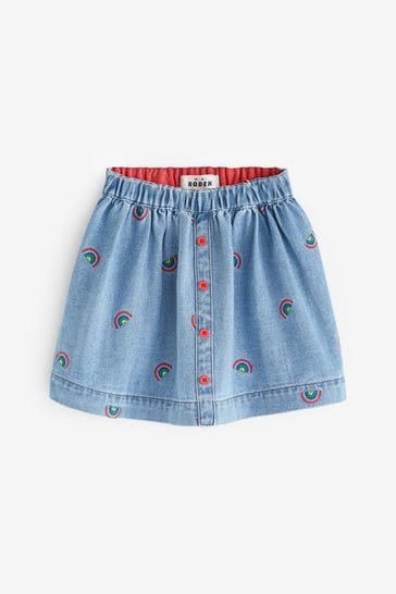 Boden Blue Rainbow Embroidered Denim Skirt