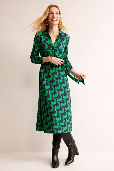 Boden Green Multi Laura Jersey Midi Shirt Dress