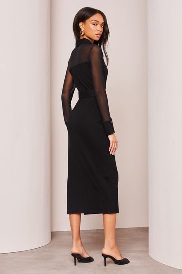 Buy Lipsy Black Long Sleeve Hybrid Mesh Belted Midi Dress from