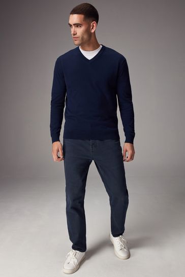 Buy Navy Blue V Neck Regular Fit Cotton Rich V Neck Jumper from Next Kuwait