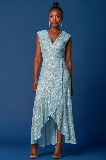 Buy Jolie Moi Light Blue Sequin Wrap Ruffle Hem Maxi Dress from Next Bahrain