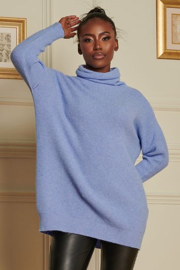 Jolie Moi Blue Rib Knitted Roll Neck Jumper