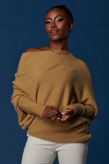 Jolie Moi Camel Wool Blend Asymmetric Soft Knit Jumper