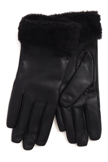 Jones Bootmaker Faux Fur Cuffed Leather Black Gloves