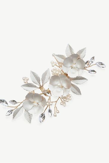 Ivory & Co Gold Gardenia Crystal And Pearl Enamelled Floral Clip
