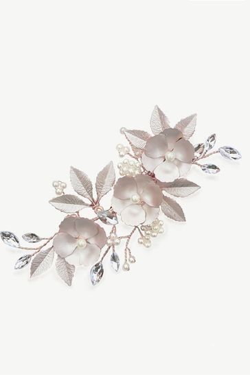 Ivory & Co Rose Gold Gardenia Crystal And Pearl Enamelled Floral Clip