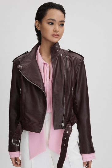 Reiss Berry Maeve Cropped Leather Biker Jacket