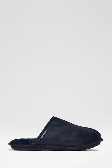 Threadbare Navy Faux Fur Lined Suedette Mule Slippers