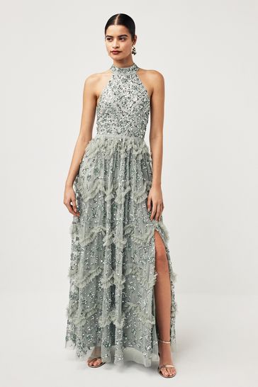 Maya Green Halterneck Premium Embellished Ruffle Maxi Dress