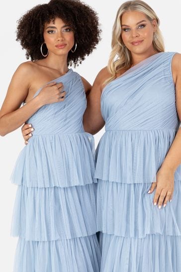 Anaya With Love Blue Tulle One Shoulder Tiered Midaxi Bridesmaid Dress