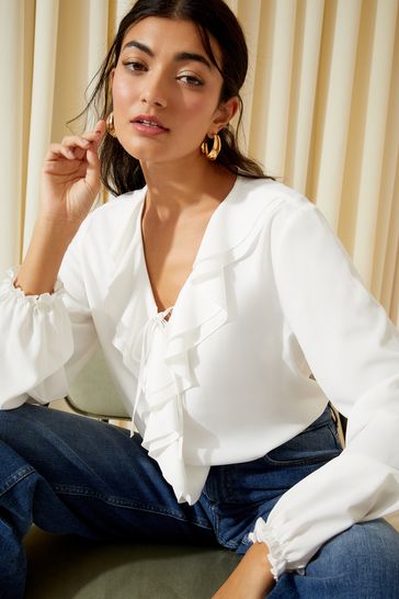 Friends Like These Ivory White Long Sleeve Tie Front Double Ruffle Blouse