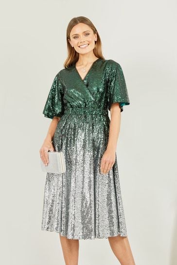 Yumi Green Ombre Sequin Midi Wrap Dress