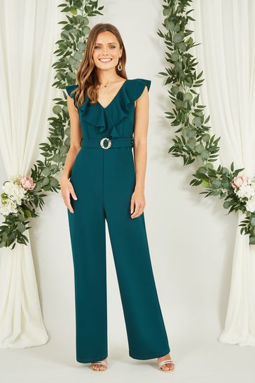 Buy Mela Green Jumpsuit With Gold Buckle and Frill Detail from