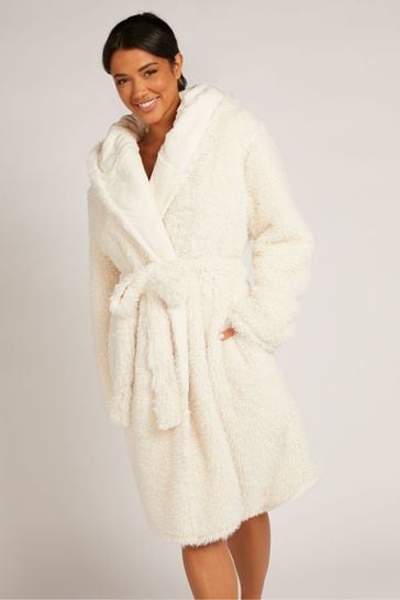 Boux Avenue Cream Sparkle Faux Fur Midi Cosy Supersoft Robe Dressing Gown