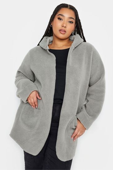 Yours Curve Grey Teddy Hooded Jacket
