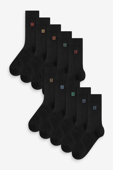 Bright Logo 10 Pack Black Embroidered Lasting Fresh Socks