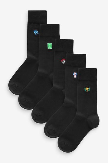 Black Football Fun Embroidered Socks 5 Pack