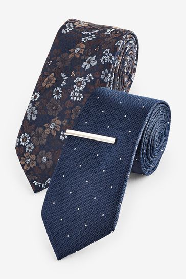 Navy Blue Floral/Polka Dot Textured Tie With Tie Clip 2 Pack