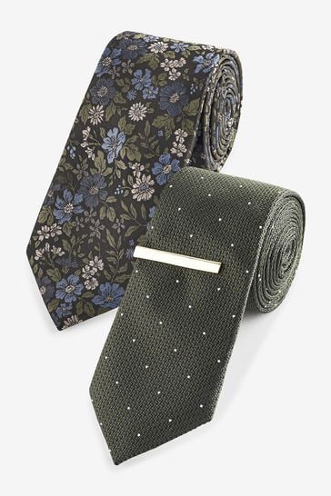 Forest Green Floral/Polka Dot Textured Tie With Tie Clips 2 Pack