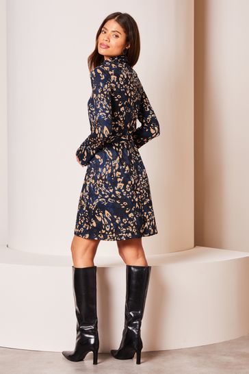 Buy Lipsy Navy Blue Jersey Tie Waist High Neck Long Sleeve Shift
