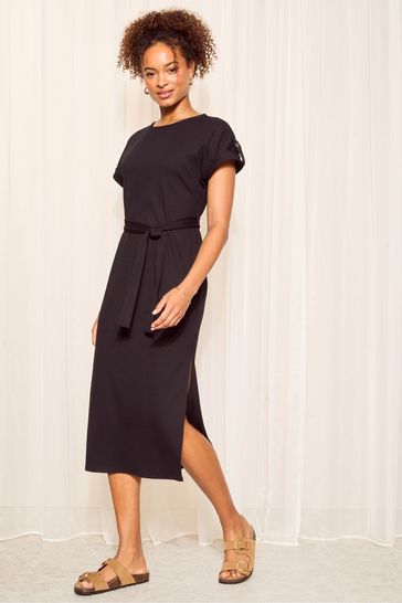 Friends Like These Black Turnback Sleeve Belted Midi Dress