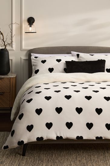 Buy Black White Heart Printed Fleece Duvet Cover and Pillowcase Set from the Next UK online shop