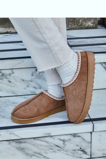 Buy Linzi Brown Tana Faux Suede Slip On Slippers With Aztec Detail