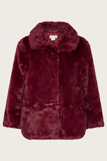 Monsoon Red Faux Fur Collared Coat