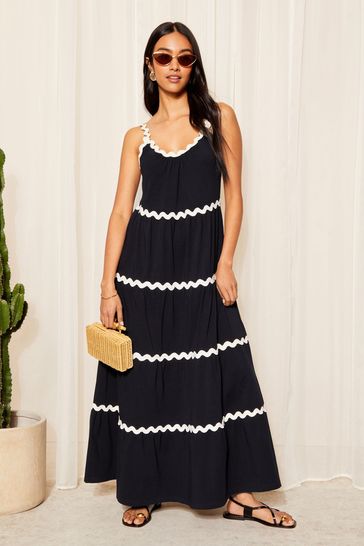 Friends Like These Navy Strappy Wavy Embroidered Maxi Dress