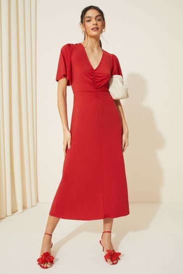 Friends Like These Red Ruched Front Flutter Sleeve Midi Dress