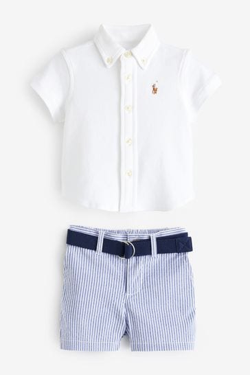 Polo Ralph Lauren Baby White Shirt Belt Seersucker Short Set