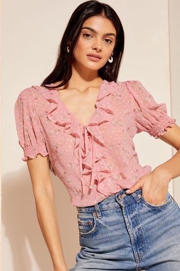 Friends Like These Pink Floral Ruffle Front Puff Sleeve Blouse