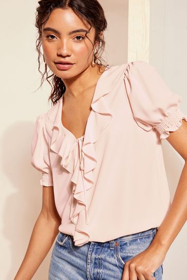Friends Like These Pink Ruffle Front Puff Sleeve Blouse