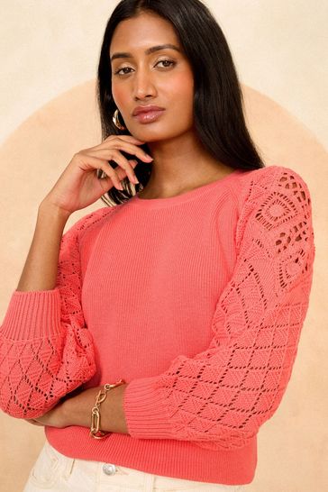 Love & Roses Pink Crochet Sleeve Knitted Jumper