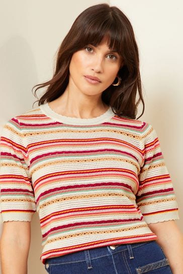 Love & Roses Red Short Sleeve Pointelle Stitch Crew Neck Jumper