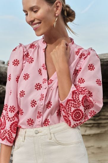 Love & Roses Pink and Red Broderie Ruffle V Neck 3/4 Sleeve Button Up Blouse