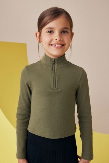 Khaki Green Boxy Zip High Neck Rib Top 3 16yrs