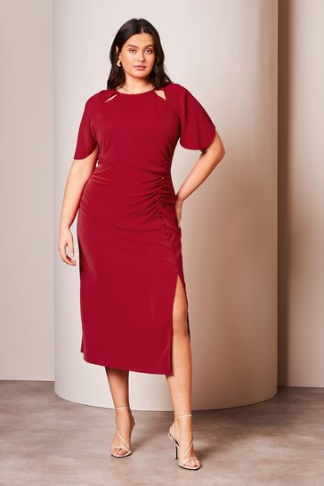 Lipsy Red Curve Ruched Button Front Sleeved Midi Dress