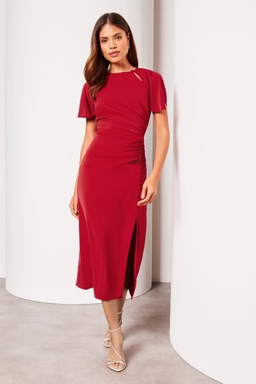 Lipsy Red Petite Ruched Button Front Sleeved Midi Dress