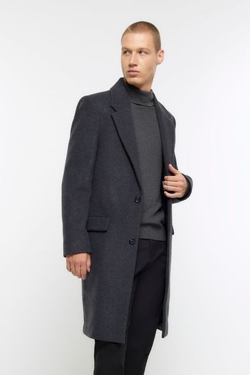 River Island Grey Regular Fit Wool Blend Longline Coat